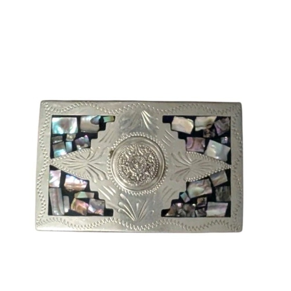 Alpaca Mexico Vintage Belt Buckle Abalone Shell Inlay Aztec Calendar Southwest
